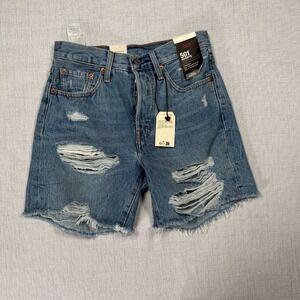 Levi's 501 Premium Jean Shorts Womens 24 Blue Denim Distressed Frayed Hem